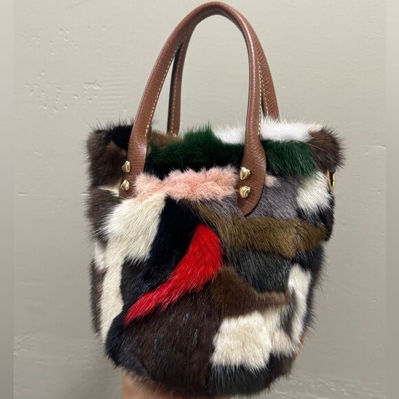 Colorful Real Mink Fur Handmade Top Handles Bag/Crossbody - Picture 9 of 12